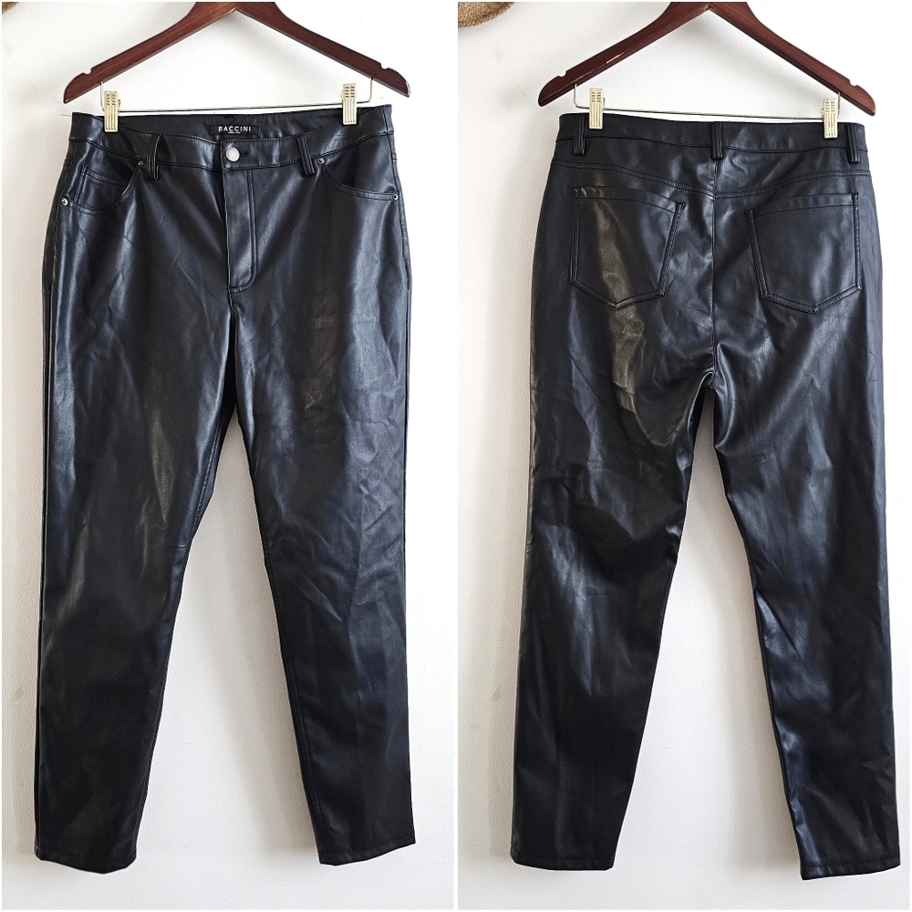 Baccini Faux Leather Pants Womens Size 12 Black High Rise NWT Slim Straight